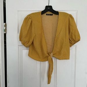 Yellow Pinstripe Tie-Front Top